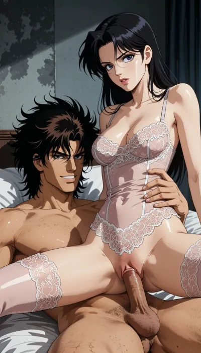 Pure japan animation drawing. A authentic 1990s Japanese anime cel. Pure traditional 2D hand-drawn artwork in the style of City Hunter, featuring character designs with elongated, sculpted faces, sharp features, and expressive eyes. Classic physical ink lines on hand-painted acetate celluloid, the scene centers on the theme "What's going on in a hotel room?" .

The true 1990s anime aesthetic is defined by heavy, high-contrast shadow blocks, creating a dark, nocturnal atmosphere. Authentic vintage cel shading with hard-edged paint lines, Hand-painted retro anime background, vintage painted gouache scenery on paper, soft watercolor textures, flat hand-drawn matte background, vintage matte painting style. Saturated late-night color palette. Pure 1990s cel animation production frame. Pure vintage animation style, backgrounds is drawn with ink and painted with gouache.

In a Room stripped of all ornamentation in the style of traditional animation, a strong, muscular naked man— drawing like Ryo Saeba from detective animation *City Hunter*, Voluminous, dark brown, messy, layered 1990s anime hair with a parted fringe and charming smile. He's lying under a woman. The dark hair woman is straddling him and is fucked, his enormous cock is perfectly positioned. His strong hand is well positioned. The pénétration is explicit, with view on the cock in vagina. She is wearing luxurious lace lingerie, her large, nippon animation-style eyes express intense pleasure. Body are drawing in 2D, zero 3D, zero CGI.

A nocturnal, mysterious atmosphere. High-contrast indoor atmosphere, playing with chiaroscuro, sensuality, and the codes of vintage detective anime.