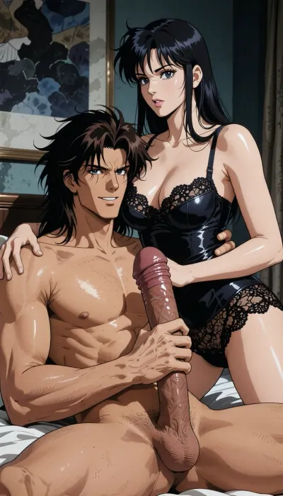 Pure japan animation drawing. A authentic 1990s Japanese anime cel screenshot from a hardboiled crime OVA. Pure traditional 2D hand-drawn artwork in the iconic style of City Hunter, featuring character designs with elongated, sculpted faces, sharp features, and expressive eyes with hand-painted catchlights. Classic physical ink lines on hand-painted acetate celluloid, the scene centers on the theme "What's going on in a hotel room?" .

The true 1990s anime aesthetic is defined by heavy, high-contrast shadow blocks, creating a dark, nocturnal atmosphere. Authentic vintage cel shading with hard-edged paint lines, specular hair highlights, Hand-painted retro anime background, vintage painted gouache scenery on paper, soft watercolor textures, flat hand-drawn matte background, vintage matte painting style. Rich, saturated late-night color palette. Pure 1990s cel animation production frame.

A strong, muscular naked man— drawing like Ryo Saeba from detective animation *City Hunter*, Voluminous mid-length, dark brown, messy, layered 1990s anime hair with a parted fringe and charming smile—is beneath a dark hair young woman who is straddling him, his large, enormous cock is perfectly positioned. His strong hands are well positioned on his large cock. She's watching at his monstruous cock. the monstruous cock. She is wearing luxurious lace lingerie, her large, nippon animation-style eyes express intense pleasure. Body are drawing in 2D, zero 3D, zero CGI. They are in a motel-style hotel room.

A nocturnal, mysterious atmosphere in a hotel room shrouded in dim light. High-contrast cinematic indoor lighting, playing with chiaroscuro, sensuality, and the codes of retro detective anime.