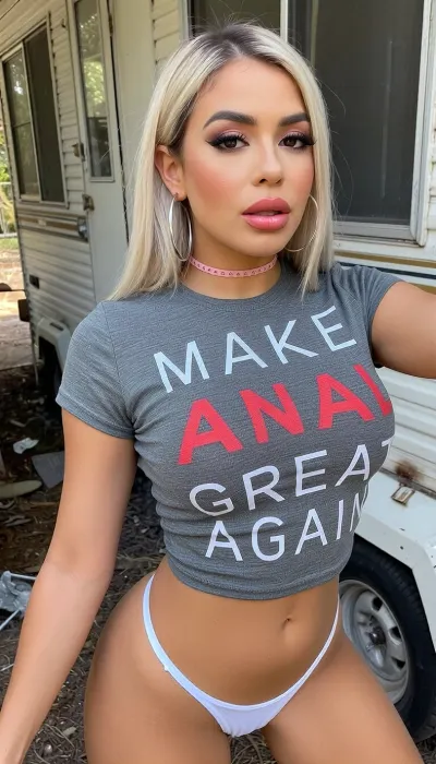 A dirty looking trailer park young slender busty Latina woman with straight hair dyed platinum blonde, tanned olive skin, expressive brown eyes, a youthful round face, ((bimbo makeup, thick full lips with bright lipstick, thick dark eyeliner, bright eyeshadow, long eyelashes with mascara)), she is posing provocatively outside her rundown old trailer home, obviously trying to make money as a sex worker. She's only wearing the tiniest white thong panties, very large silver hoop earrings, a pink choker and a tight grey shirt that has printed words on it, MAKE ANAL GREAT AGAIN