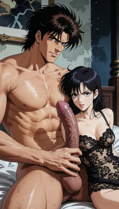Pure japan animation drawing. A authentic 1990s Japanese anime cel. Pure traditional 2D hand-drawn artwork in the style of City Hunter, featuring character designs with elongated, sculpted faces, sharp features, and expressive eyes. Classic physical ink lines on hand-painted acetate celluloid, the scene centers on the theme "What's going on in a hotel room?" .

The true 1990s anime aesthetic is defined by heavy, high-contrast shadow blocks, creating a dark, nocturnal atmosphere. Authentic vintage cel shading with hard-edged paint lines, Hand-painted retro anime background, vintage painted gouache scenery on paper, soft watercolor textures, flat hand-drawn matte background, vintage matte painting style. Saturated late-night color palette. Pure 1990s cel animation production frame. Pure vintage animation style, backgrounds is drawn with ink and painted with gouache. In a Rome stripped of all ornamentation in the style of traditional animation, a strong, muscular naked man— drawing like Ryo Saeba from detective animation *City Hunter*, Voluminous, dark brown, messy, layered 1990s anime hair with a parted fringe and charming smile—is with a dark hair young woman who is ready to suck his enormous cock, his enormous, excessive, cock is perfectly positioned. he is sitting on the bed. His strong hand is well positioned. She is wearing luxurious lace lingerie, her large, nippon animation-style eyes express intense pleasure. Body are drawing in 2D, zero 3D, zero CGI.

A nocturnal, mysterious atmosphere. High-contrast indoor atmosphere, playing with chiaroscuro, sensuality, and the codes of vintage detective anime.