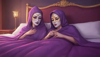 (spooning couple, male and female, naked), purple bed, both wearing porcelain masks with purple shawl, (artwork, digital painting, fantasy art, loading screen art style), <lora:LegendDarkFantasy-000001:1>, <lora:SumTim:.1>, <lora:SDXLSamDoesArts:.5>