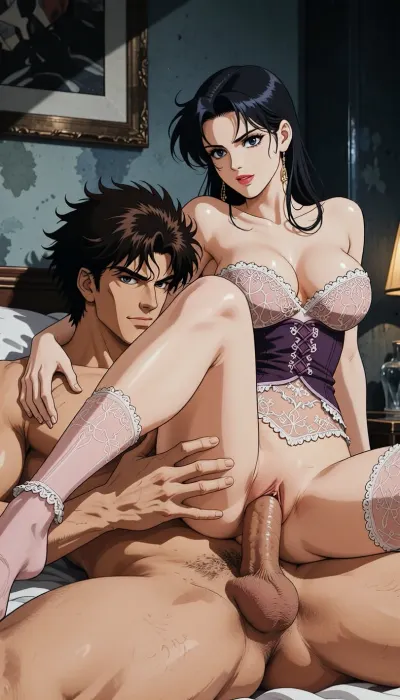 Pure japan animation drawing. A authentic 1990s Japanese anime cel. Pure traditional 2D hand-drawn artwork in the style of City Hunter, featuring character designs with elongated, sculpted faces, sharp features, and expressive eyes. Classic physical ink lines on hand-painted acetate celluloid, the scene centers on the theme "What's going on in a hotel room?" .

The true 1990s anime aesthetic is defined by heavy, high-contrast shadow blocks, creating a dark, nocturnal atmosphere. Authentic vintage cel shading with hard-edged paint lines, Hand-painted retro anime background, vintage painted gouache scenery on paper, soft watercolor textures, flat hand-drawn matte background, vintage matte painting style. Saturated late-night color palette. Pure 1990s cel animation production frame. Pure vintage animation style, backgrounds is drawn with ink and painted with gouache.

In a Room stripped of all ornamentation in the style of traditional animation, a strong, muscular naked man— drawing like Ryo Saeba from detective animation *City Hunter*, Voluminous, dark brown, messy, layered 1990s anime hair with a parted fringe and charming smile. He's lying under a woman. The dark hair woman is straddling him and is fucked, his enormous, excessive, cock is perfectly positioned. His strong hand is well positioned. The pénétration is explicit, with view on the cock in vagina. She is wearing luxurious lace lingerie, her large, nippon animation-style eyes express intense pleasure. Body are drawing in 2D, zero 3D, zero CGI.

A nocturnal, mysterious atmosphere. High-contrast indoor atmosphere, playing with chiaroscuro, sensuality, and the codes of vintage detective anime.