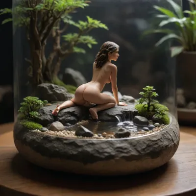 Photo of a terrarium, inside is a hyper-realistic scene of a sunbathing naked girl on a large flat rock by a river, around the terrarium is a bonsai garden, (miniature, woman), perfecteyes, <lora:Miniature_People_-_By_DICE-000006:1>, <lora:lora-sdxl-perfect-eyes:.8>