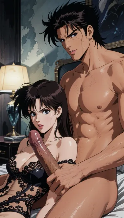 Pure japan animation drawing. A authentic 1990s Japanese anime cel screenshot from a hardboiled crime OVA. Pure traditional 2D hand-drawn artwork in the iconic style of City Hunter, featuring character designs with elongated, sculpted faces, sharp features, and expressive eyes with hand-painted catchlights. Classic physical ink lines on hand-painted acetate celluloid, the scene centers on the theme "What's going on in a hotel room?" .

The true 1990s anime aesthetic is defined by heavy, high-contrast shadow blocks, creating a dark, nocturnal atmosphere. Authentic vintage cel shading with hard-edged paint lines, Hand-painted retro anime background, vintage painted gouache scenery on paper, soft watercolor textures, flat hand-drawn matte background, vintage matte painting style. Rich, saturated late-night color palette. Pure 1990s cel animation production frame. Pure vintage animation style, backgrounds, lamp and bed are drawing with ink and painting entirely in gouache. All the background elements were carefully hand-painted in the pire style of traditional Japanese animation. In an hotel room in the painting style of the 1990s animation style, a strong, muscular naked man— drawing like Ryo Saeba from detective animation City Hunter, Voluminous, dark brown, messy, layered 1990s anime mid-length hair with a parted fringe and charming smile —is with a dark hair young woman who is ready to suck his enormous cock, his enormous, excessive, cock is perfectly positioned. he is sitting on the bed. His strong hand is well positioned. She is wearing luxurious lace lingerie, her large, nippon animation-style eyes express intense pleasure. Body are drawing in 2D, zero 3D, zero CGI.

A nocturnal, mysterious atmosphere in a hotel room. High-contrast indoor atmosphere, playing with chiaroscuro, sensuality, and the codes of retro detective anime.