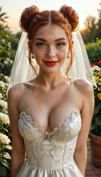 21 years old girl, dark ginger space buns, two hair buns, bright green eyes, detailed face, perfect skin, white pale skin, extremely beautiful, red lipstick, freckles, white wedding dress, strapless dress, facing viewer, smiling, in garden, full body shot, standing pose, perky tits, raised boobs, pushup bra, boobs pushed together, high chested cleavage, medium breasts, deep cleavage, ginger girl, beautiful, masterpiece, white painted fingernails, non nude, white veil, vinyard background, beautiful sunset with prestigious vinyard background, perfecteyes, <lora:MJ52:.8>, <lora:add-detail-xl:.8>, <lora:lora-sdxl-perfect-eyes:.8>, close up portrait, hands behind back, supermodel, big, lips, <lora:Beautify-Supermodel-SDXL:.8>