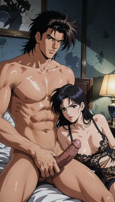 Pure japan animation drawing. A authentic 1990s Japanese anime cel screenshot from a hardboiled crime OVA. Pure traditional 2D hand-drawn artwork in the iconic style of City Hunter, featuring character designs with elongated, sculpted faces, sharp features, and expressive eyes with hand-painted catchlights. Classic physical ink lines on hand-painted acetate celluloid, the scene centers on the theme "What's going on in a hotel room?" .

The true 1990s anime aesthetic is defined by heavy, high-contrast shadow blocks, creating a dark, nocturnal atmosphere. Authentic vintage cel shading with hard-edged paint lines, Hand-painted retro anime background, vintage painted gouache scenery on paper, soft watercolor textures, flat hand-drawn matte background, vintage matte painting style. Rich, saturated late-night color palette. Pure 1990s cel animation production frame. Pure vintage animation style, backgrounds, lamp and bed are drawing with ink and painting entirely in gouache. All the background elements were carefully hand-painted in the pire style of traditional Japanese animation. In an hotel room in the painting style of the 1990s animation style, a strong, muscular naked man— drawing like Ryo Saeba from detective animation City Hunter, Voluminous, dark brown, messy, layered 1990s anime mid-length hair with a parted fringe and charming smile —is with a dark hair young woman who is ready to suck his enormous cock, his enormous, excessive, cock is perfectly positioned. he is sitting on the bed. His strong hand is well positioned. She is wearing luxurious lace lingerie, her large, nippon animation-style eyes express intense pleasure. Body are drawing in 2D, zero 3D, zero CGI.

A nocturnal, mysterious atmosphere in a hotel room. High-contrast indoor atmosphere, playing with chiaroscuro, sensuality, and the codes of retro detective anime.