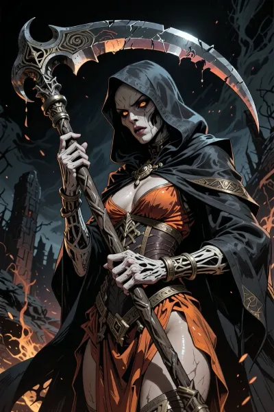 (Dark Fantasy Artwork), low angle, an illustration, with bold expressive lines, shading. colored lines. fantasy priest of death, occult, Armageddon, cruel, eerie, ancient large scythe, hot dress, cloak, hood, natural beauty. Detailed dark fantasy artwork, dark gritty apocalyptic lighting, gritty artwork, realistic anatomy, believable skin texture, detailed hands, detailed fingers, detailed eyes, high quality colored ink illustration, highly detailed, dark fantasy art, dark doomed atmosphere.