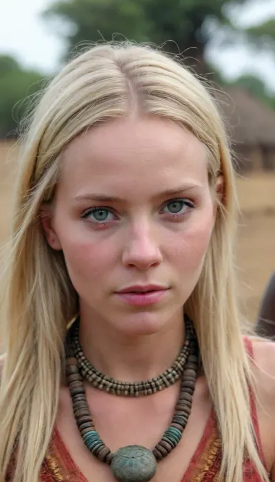 Inocent looking blonde hair missionary female in Africa with a African tribe.