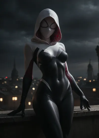 masterpiece, best quality, high resolution, hires, score_9, score_8_up, score_7_up, score_6_up, rooftop setting, dark twilight, dark clouds, (tough and relaxed:1.4), (spider girl Gwen Stacy), (tight outfit), (athletic physique:1.25), (hip gap:1.3), (wide hips:1.3), (clubfoot), (narrow waist), (view from side), (hyper massive ass), wet, (shining tight bodysuit:1.5), bodysuit gloves, 1girl, (huge thighs:1.143), (leg flex:1.3), hood up, (((full spidergirl face mask))), (large spider goggles over eyes), head tilt, (cameltoe), small breast, (high detail facemask), dim ambient streetlights, warm glow, (chiaroscuro lighting:.3), <lora:HandFineTuning_XL:1>, <lora:MGLRbodysuit_sdxl:.6>, <lora:uberfit_lora_sdxl:.4>, <lora:dark:.8>, <lora:Spider-Gwen:.8>