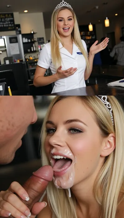 Photorealistic vertical split-screen, top half and bottom half completely independent, interracial.

TOP HALF, Young blonde woman with silver tiara and white uniform standing behind a counter, exact same framing as the top reference. She is alone. She behaves actively and energetically, smiles flirty, gestures with her hands, shifts her weight, leans closer to the camera while speaking, and makes lively natural head and shoulder movements. She looks at the camera and speaks energetically with playful pauses in a teasing voice, “Em… I’ve got a 5-minute break right now… Any ideas what we can do? M?…” Only her voice is heard. Soft natural breathing. Moderately busy cafe background sounds with distant voices. No oral actions, no cock, no cum on the top half.

BOTTOM HALF, Close-up of the same young blonde woman. Her face, lips and chin are covered with transparent white cum from the first frame and the cum stays on her face the entire time. A man’s hand rhythmically strokes a thick hard cock. She greedily sucks the cock, looking at the camera with a happy pleasure expression, moving her mouth on the cock and smearing the cum. No speaking, no dialogue, only soft wet sucking sounds and her quiet pleasure breathing. No counter.

Top half = active flirty gesturing, leaning closer, energetic monologue. Bottom half = only continuous blowjob with permanent cum and pleasure. The two halves never exchange actions, faces, or sound. Strict real-time normal speed.

Pure visual video, no subtitles, no text, no captions.