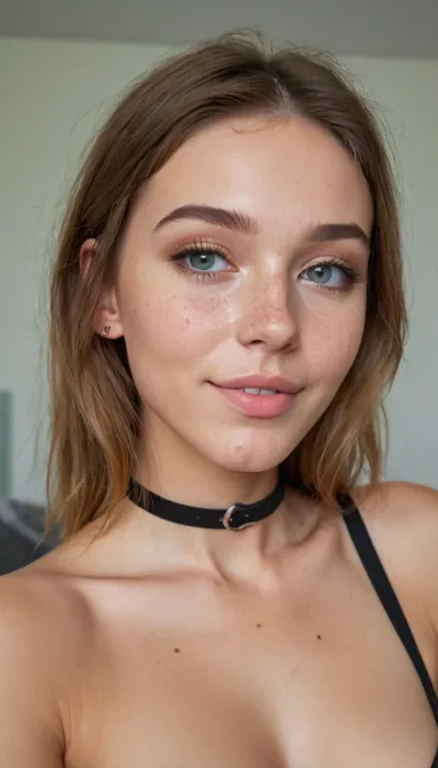 focus on upper body, upper body close-up, looking at camera, freckles, dimples, young beautiful Ukrainian model 25 years old, skinny, (bright egirl makeup), (youth e-girl style tight T-shirt), choker, (highly detailed face:1.3), hair tucked behind ear, eager smile, pov_deepthrt, deepthroating, a, man's, penis, blsdp, <lora:concept_pov_dt_xl2-000020:.8>