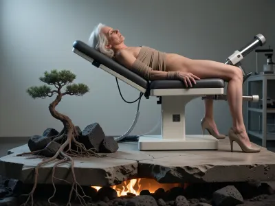woman of 68 years old business woman lays bondaged on gyno chair ready for sexual experiments of mad scientist in lab, high heels, fuck machine

minimalist fine art photography, a weathered concrete slab with a cracked, organic edge, a lone delicate bonsai tree growing from a rugged pile of dark volcanic rocks at the base, roots intertwining with the stone, glowing warm ember light at the bottom, soft atmospheric grey background, dramatic chiaroscuro lighting, sharp focus, hyper-realistic, intricate textures, cinematic composition, 8k resolution, serene and contemplative mood, masterwork, minimalist aesthetic.
