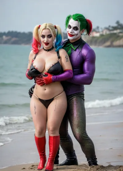 (8K resolution), ((people touched detailed)), (((adult movied sapphic therapy performing, body the position, babe enormous plumped pouring breast, fuckfriend Joker's Harley Quinn skin costume, massive fucked pussy and glamorous butt, hourglass body, touch jobbing, interracial gangbang bimbo perform reinvent escort makeup))), ((wetting by sea with orgy characters between hand fucking man in mouth job, wear heel and net bikini. The day, lighting HDR+, full body visibly)), (tattoos cover wrought body, detailed), ((public beach on porned seaside))