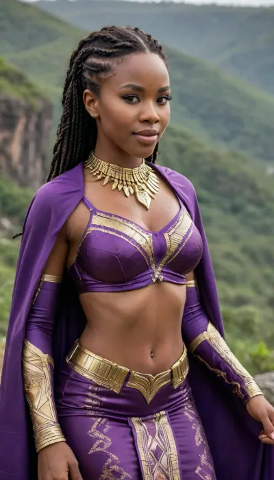 curly hair, mocha skin, smiling, wakanda, bmbplora, <lora:bimboxl_02:.7>, her outfit is a vibrant blend of African heritage with high-tech and futuristic elements, traditionally featuring a mix of bold, intricate patterns and textures, earthy color palette with highlights in royal purples, blacks, rich reds, and golds, symbolizing power and elegance, the outfit consist of a fitted bodice adorned with elaborate beadwork or metallic embroidery, giving it a regal, warrior-like appearance, In the heart of Africa, a powerful woman stands on a cliff overlooking the vibrant, jungle below, her presence commanding respect and admiration. Clad in traditional yet high-tech attire, she embodies both elegance and strength, her intricately beaded bodice catching the sunlight, glinting as if it were embedded with precious metals. Her skirt flows around her legs with every gust of wind, the fabric alive with bold geometric patterns that speak of her heritage. A richly decorated cape drapes over her shoulder, its deep purple and gold hues symbolizing her high status, while the faint hum of a hovercraft passing below hints at the marvels of Wakandan technology. Her braided hair, interwoven with delicate silver and gold threads, frames her face, highlighting eyes that are both wise and determined. In her stance and gaze lies the quiet confidence of a protector and a leader, a woman bound to her people by tradition, honor, and an unwavering dedication to the land of Wakanda