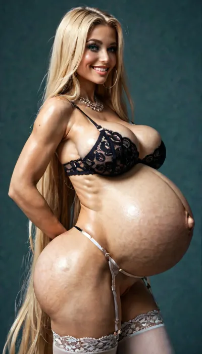 (slut in my badroom), pale slut, long fingernails, centerfold model, (very long blonde hair), feminine, false smile, hips aside, (pregnant 9 months:1.9), (huge boobs:1.9), (bimbo), (puffy cameltoe pussy), bra stockings, beautiful drawn slender legs, (perky firm breast), (large breasts), (round breasts), (sideview ass), ((at night)), high resolution best quality picture, Resolution, More, Details, 8K, but, <lora:add-detail-xl:.5>, <lora:MJ52:.5>, <lora:BUT_SDXL_SHS:.3>