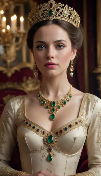 Create a highly detailed, realistic portrait of a regal woman inspired by the Queen of Saba. Focus on her upper body to showcase the opulent jewelry and clothing. Include large, natural pearls and precious gemstones like rubies, sapphires, and emeralds, intricately set in gold. Highlight the fine craftsmanship of the metalwork, with delicate engravings and filigree patterns. Pay close attention to the texture of the fabric, showing rich, luxurious materials, and ensure the gemstones sparkle with realistic light reflections. The overall composition should convey a sense of grandeur and cultural richness, highly detailed erected nipples