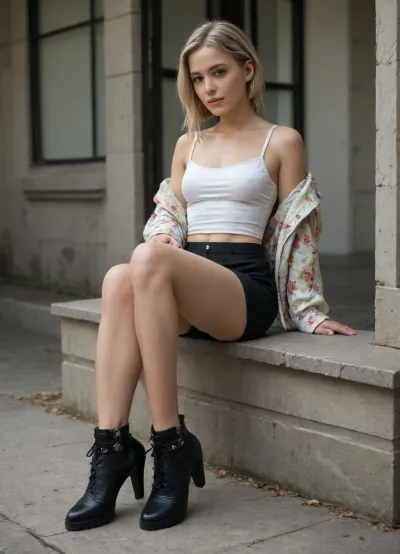 4K, UHD Young woman, 19, long dark-blonde hair, waiting at the school gate, wearing a short black skirt, white camisole, low-cut neckline revealing a full bust, and an open floral-patterned jacket, athletic figure, long slender legs, black high-heeled ankle boots.