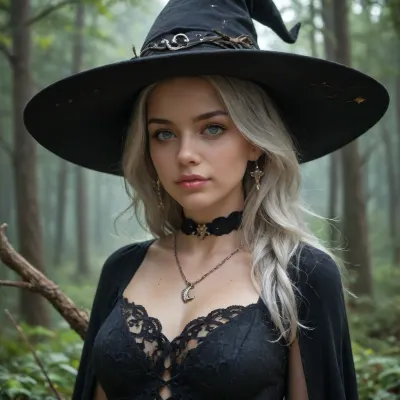 A highly realistic and detailed digital painting of a beautiful witch in a black leather dress with intricate lace-up details. She wears a large, bent witch's hat with a silver buckle. Her piercing eyes and long, wavy silver hair give her an enchanting look. She holds a mystical staff with a twisted wooden design and a glowing star-shaped ornament at the top. Her accessories include a black choker with a crescent moon pendant and matching star-shaped earrings. The background is a dark, foggy forest with eerie, twisted tree branches, creating a magical and mysterious atmosphere. Ultra-detailed, cinematic lighting, dark fantasy style, sexy clothing