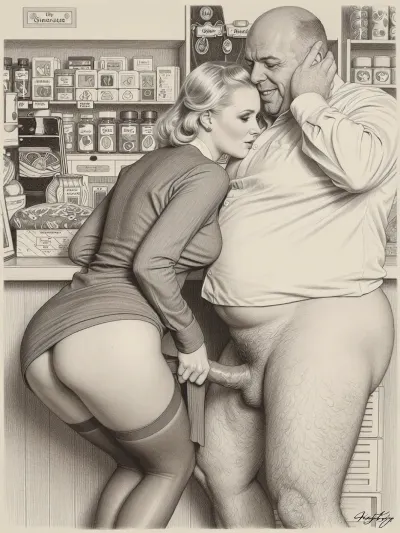 This is a detailed monochromatic pencil drawing in a classical illustrative style depicts a scene set in the 1930s in Germany, a grocery store, a beautiful sexy blonde mother with an elegant hairstyle, a frau with an hourglass figure, curvy body, dressed in a 1930s strict dress dress, brown silk stockings, (wide hips), She's leaning low over the counter with the hem of her dress up and masturbates dick of a an obese ugly old salesman 90yo standing a front of her, ((her ass and labia are visible), a an obese old salesman is wearing shirt with the sleeves rolled up, his pants are down, his hairy legs are visible, Old salesman smirks maliciously, He rough holds Frau by head with his hands . Side view, The overall mood is intense, rendered in fine, expressive line work and subtle shading, evoking the style of 1950s satirical or moralistic illustrations.)