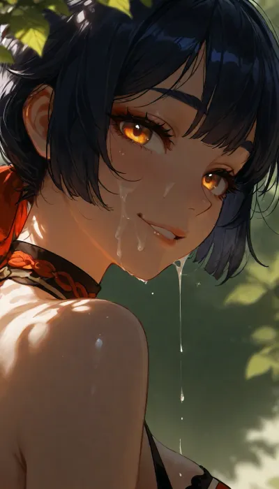 Adult. Adult face. Xiangling from Genshin Impact. starry eyes, glowing eyes, Smiling.. Naughty face . shot of face, portrait shot. Side view. She's looking at viewer. cum on face. Cum dripping. Facial cumshot., ., (dappled light, dappled sunlight), solo, face, sparkle, looking, at, viewer, glowing, eyelashes, <lora:SDXL Detail:1.7>, <lora:MJ52:1.2>, <lora:dark:1>, <lora:Jeweled eyes-NAI:2>