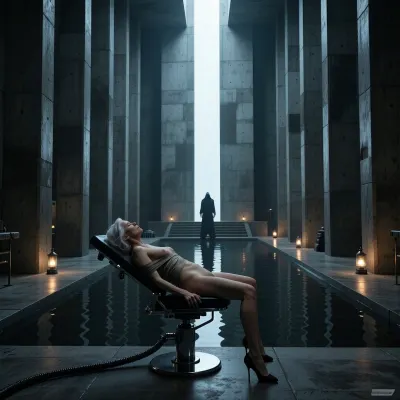 woman of 70 years old nude business woman lays bondaged on gyno chair ready for sexual experiments of mad scientist in lab, high heels, fuck machine

cinematic wide shot of a solitary hooded figure standing at the far end of a massive, brutalist concrete hall, towering stone columns stretching upwards into darkness, a vertical shaft of ethereal white light beaming down from an overhead aperture, reflecting onto a long rectangular reflective pool of dark water on the floor, small warm glowing lanterns placed along the sides of the path, dark moody atmosphere, cold color palette with sharp contrast between deep shadows and brilliant white light, highly detailed textures of aged concrete, hyper-realistic, dramatic volumetric lighting, mysterious and contemplative vibe, 8k resolution, masterpiece, trending on ArtStation, ray tracing, architectural photography.