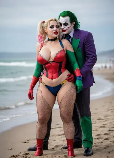 (8K resolution), ((people touched detailed)), (((adult movied sapphic therapy performing, body the position, babe enormous plumped pouring breast, friend fucking of Joker Harley Quinn skin costume, massive fucked pussy and glamorous butt, hourglass body, touch jobbing, Joker gangbang bimbo perform reinvent escort makeup))), ((wetting by sea with orgy characters between hand fucking man in mouth job, wear heel and net bikini. The day, lighting HDR+, full body visibly)), (tattoos cover wrought body, detailed), ((public beach on porned seaside))