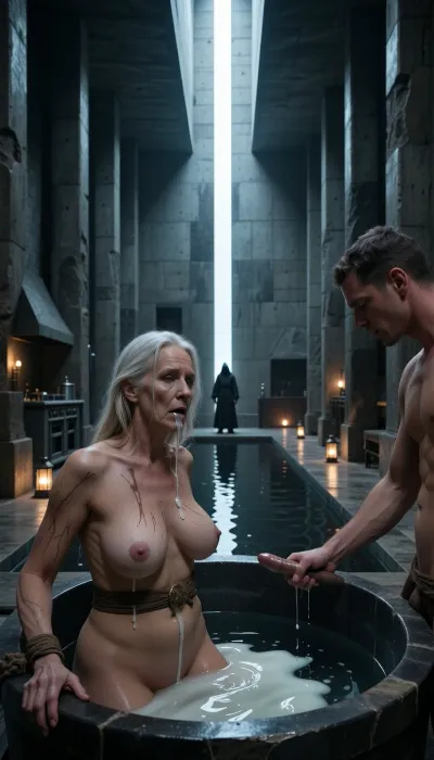 A 68-year-old nude woman with large, sagging breasts with very stretch marks is bathing in a tank full of white sperm, she has sperm dripping from her mouth and nose all over her stomach. Next to her, a man jerks off in the tank, and this happens in a medieval kitchen, breast, bondage, tied, up, burstin.

cinematic wide shot of a solitary hooded figure standing at the far end of a massive, brutalist concrete hall, towering stone columns stretching upwards into darkness, a vertical shaft of ethereal white light beaming down from an overhead aperture, reflecting onto a long rectangular reflective pool of dark water on the floor, small warm glowing lanterns placed along the sides of the path, dark moody atmosphere, cold color palette with sharp contrast between deep shadows and brilliant white light, highly detailed textures of aged concrete, hyper-realistic, dramatic volumetric lighting, mysterious and contemplative vibe, 8k resolution, masterpiece, trending on ArtStation, ray tracing, architectural photography.