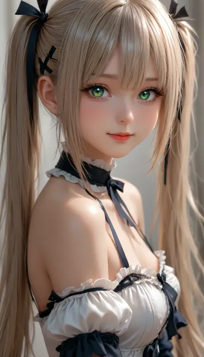 Marie Rose from DoA, wearing a black and white frilly gothic dress, (pale skin), (platinum blonde hair:1.5), (very long twintails), black ribbon, hair between eyes, side locks framing her face, large round eyes, green eyes, (shy smile), cute, small nose, athletic body, looking at viewer, ((large round breasts)), (((half body view))), view from side, (((focus on face))), <lora:Midjourney Image Enhancer XL v1:.6>, <lora:SDXLHighDetail_v6-000005:.4>, <lora:detailed_notrigger:.6>, <lora:attractive_notrigger:.6>