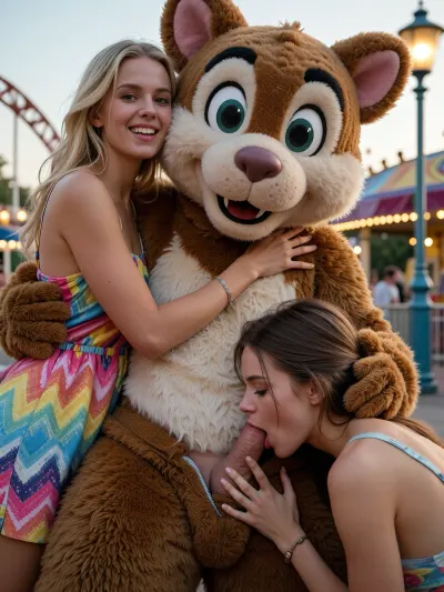 over-detailed professional photography, masterpiece, epic photorealism, DSLR camera, best resolution, uhd, perfect composition of lights.
Sharp focus on faces and hands. at an amusement park, two women sharing a playful sensual moment with a fluffy mascot . One supermodel blond woman standing with an amused smile, is hugging the mascot with her arms close to his neck, she wears a colorful summer dress.
The other pretty woman is kneeling and sucking the dick of the mascot whom costume pant is unzipped at this zone.

she has brown hairs . Sensual and joyful atmosphere.
Soft end of afternoon light.