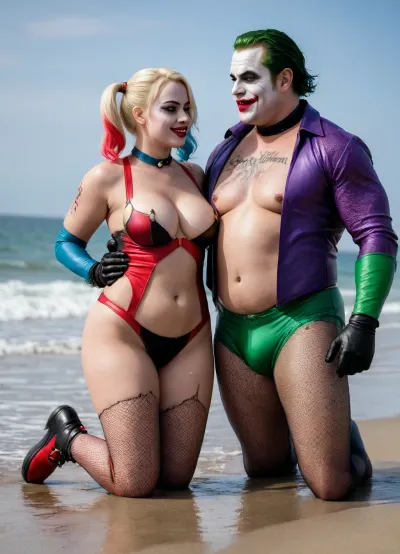 (8K resolution), ((people touched detailed)), (((adult movied sapphic therapy performing, body the position, babe enormous plumped pouring breast, Harley Quinn Girlfriend of Joker's skin costume, massive fucked pussy and glamorous butt, hourglass body, touch jobbing, interracial gangbang bimbo perform reinvent escort makeup))), ((wetting by sea with orgy characters between hand fucking man in mouth job, wear heel and net bikini. The day, lighting HDR+, full body visibly)), (tattoos cover wrought body, detailed), ((public beach on porned seaside))
