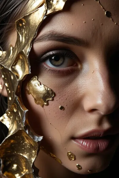 tight cinematic close-up of a high-fashion female model looking directly into the camera from behind a cracked layer of liquid gold paint on her face. The camera is positioned so closely that one eye and part of her cheek are perfectly sharp through a sharp fissure in the texture. High-contrast chiaroscuro lighting, visible skin pores mixed with metallic flakes, avant-garde editorial style, dark background, 85mm lens, masterfully textured, (8k --ar 4:5), --v 6.0