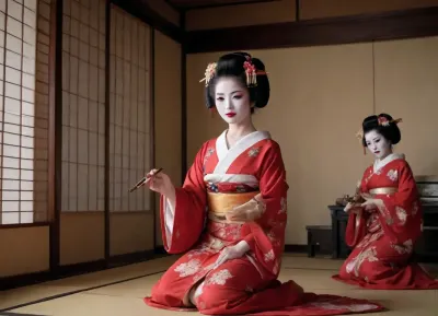 a lively scene in a ancient japanese upscale brothel, a group of young 21yo geisha Performing with music instruments on a stage, (exaggerated traditional maiko makeup, White Face Powder, Red Rouge & Lipstick, Shaved & Redrawn Eyebrows), The kimono is open and falls over one shoulder so that the breast is visible, firm breasts