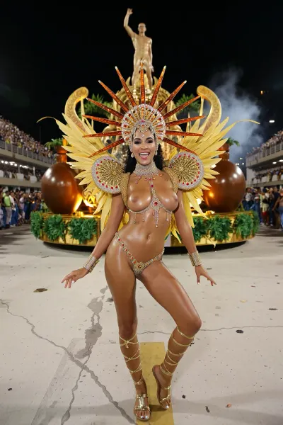 A high-resolution, wide-angle photograph capturing a vibrant night scene at the Rio de Janeiro Carnival Sambadrome, a Brazilian woman in a bright carnival costume dances the samba confidently striding toward the camera in the center foreground. The woman in her early twenties, has a deep tan complexion with oiled skin and a bright, joyful expression with a wide smile, her body angled slightly forward in mid-stride. She is wearing an elaborate, revealing carnival costume featuring a massive sunburst headdress composed of radiating gold and orange crystal spikes extending from her head like a halo. Her top is a jeweled bikini style encrusted with gold and red gems that barely covers the nipples, leaving the majority of her breasts exposed, while her bottom is a matching jeweled thong. She wears large, golden feathered wings on her back with a gold sequined sunburst center at the shoulder blades, adding significant volume to her silhouette. On her feet, she wears gold, strappy gladiator sandals that go up to her calves, leaving her toes exposed. Her straight arms are raised above her head and her leg is bent in the knee as she performs the dance, showing gold cuff bracelets. She has a muscular, athletic build with highly defined leg muscles and a sculpted abdomen. Directly behind her is a massive parade float featuring a golden statue of a standing male figure at the apex, surrounded by large, rounded brown and gold vessels and lush green decorative foliage, all illuminated by warm internal lighting. The setting is the concrete parade avenue, a pale grey surface scattered with a few leaves, debris, and faint tire tracks. On the left and right, tall multi-tiered grandstands packed with spectators rise into the night sky, the left stands show crowds in yellow and green, while the right stands show a mix of colors. The lighting is artificial stadium floodlighting, creating a bright, cool illumination on the ground that contrasts with the pitch-black night sky above. A haze of white smoke or fog drifts on the right side, catching the beams of light and adding atmospheric depth. The image is taken with a wide-angle lens, creating a slight perspective distortion that elongates the dancer's legs and emphasizes the vastness of the feather costume, with a deep depth of field keeping the performer and the background crowds in sharp focus. The color palette is highly saturated, dominated by the deep crimson red of the feathers, the metallic gold of the accessories, and the cool grey of the ground, conveying a festive, energetic, and grand atmosphere with 8K ultra-detailed quality.