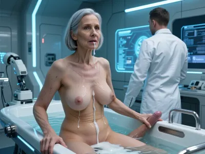 (an aged woman, 70 years old:1.8), . Her skin is that of a 70-year-old woman. The old lady has grey hair, (Small, long, and very saggy breasts:1.8), ((very detailed skin)), . Hair cut in a bob. A nude woman with large sagging breasts with very prominent stretch marks is bathing in a tank full of white sperm, she has sperm dripping from her mouth and nose all over her stomach. Next to her, a man jerks off in the tank, and this happens in, (masterpiece, top quality, best quality, ultra-detailed), futuristic medical room, high-tech hospital room, sterile atmosphere, clinical aesthetics, medical professional standing with back to camera, wearing white uniform, looking at holographic digital displays, clean lines, advanced robotic surgery bed in the foreground, sleek metallic surfaces, soft cool-toned blue lighting, luminous panels on walls, intricate medical equipment, cybernetic details, sci-fi environment, cinematic lighting, sharp focus, 8k resolution, futuristic interior design, smooth surfaces, volumetric lighting, digital art, hyper-realistic, photorealistic.