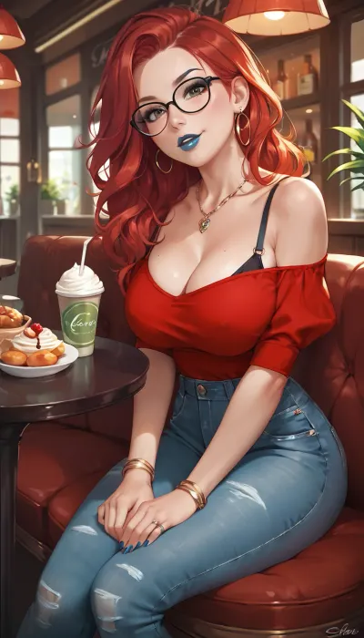 (petite), (dressed), girl sit at cafe, flirty, cute, glasses, (big breasts), (round breasts), long red hair, blue lipstick, black eyeliner, red off shoulder top, denim pants