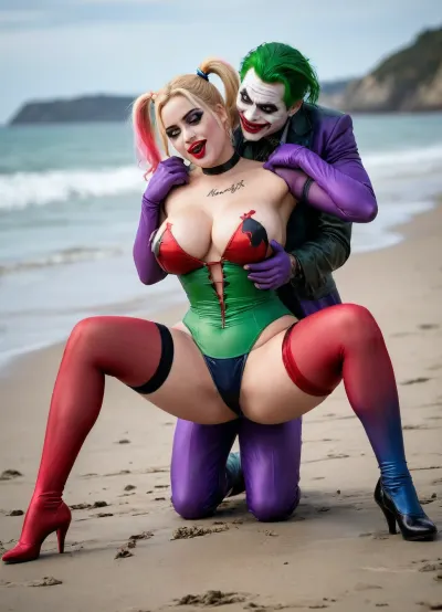 (8K resolution), ((people touched detailed)), (((adult movied sapphic therapy performing, body the position, babe enormous plumped pouring breast, friend fucking of Joker Harley Quinn skin costume, massive fucked pussy and glamorous butt, hourglass body, touch jobbing, interracial gangbang bimbo perform reinvent escort makeup))), ((wetting by sea with orgy characters between hand fucking man in mouth job, wear heel and net bikini. The day, lighting HDR+, full body visibly)), (tattoos cover wrought body, detailed), ((public beach on porned seaside))