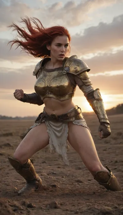 (ultra, HD, quality), A warrior marked by her fight, exhausted, showing fighting spirit, victorious, wearing a golden armor, her armor is torn, large breasts, long red hair, her body is smeared with dirt, witnessed battle field, sunset