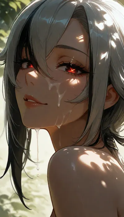 Adult. Adult face. Arlecchino from Genshin Impact. starry eyes, glowing eyes, Smiling.. Naughty face . shot of face, portrait shot. Side view. She's looking at viewer. cum on face. Cum dripping. Facial cumshot., ., (dappled light, dappled sunlight), solo, face, sparkle, looking, at, viewer, glowing, eyelashes, <lora:SDXL Detail:1.7>, <lora:MJ52:1.2>, <lora:dark:1>, <lora:Jeweled eyes-NAI:2>, <lora:aesthetic_anime_v1s:1.1>