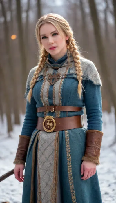 full body view, A fiercely proud Nordic girl stands, her presence exuding unwavering strength. Her blonde braids cascade down her back, framing a face marked by determination and resilience. This stunning portrait captures her piercing blue eyes, reflecting the icy landscapes of her homeland. The intricate details of her embroidered Viking armor and fur-lined cloak speak of her warrior spirit. This high-quality painting seamlessly combines power and grace, drawing the viewer into the captivating story of a fierce Nordic warrior princess. body manipulations, divine proportion, non-douche smile, gaze into the camera, holographic shimmer, whimsical lighting, enchanted ambiance, soft textures, imaginative artwork, ethereal glow, silent Luminescence, whispering Silent, iridescent Encounter, vibrant background, full body, (((rule of thirds))), high quality, high detail, high resolution, (bokeh:2), backlight, (long exposure:2), green, eyes, blue, brown, perfecteyes, <lora:PerfectEyesXL:.8>