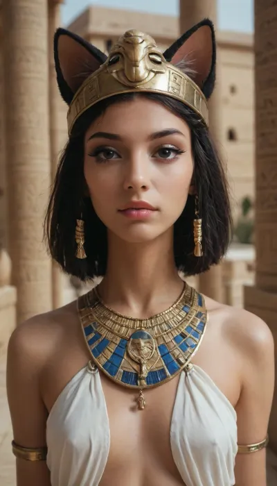 (setting and entourage of ancient Egypt), inside pyramid, skinny female with cathead, authentic ancient Egypt outfit, (stylized cat head instead of human, cat head like on ancient Egypt pictures:1.7)