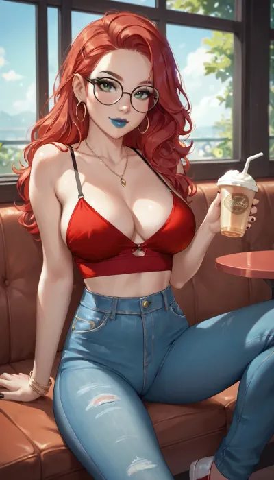 (petite), (dressed), girl sit at cafe, flirty, cute, glasses, spread one leg, (big breasts), (round breasts), long red hair, blue lipstick, black eyeliner, red spaghetti strapped cami top, denim pants