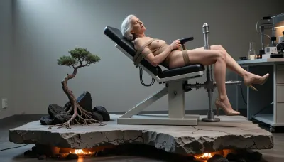 woman of 70 years old nude business woman lays bondaged on gyno chair ready for sexual experiments of mad scientist in lab, high heels, fuck machine

minimalist fine art photography, a weathered concrete slab with a cracked, organic edge, a lone delicate bonsai tree growing from a rugged pile of dark volcanic rocks at the base, roots intertwining with the stone, glowing warm ember light at the bottom, soft atmospheric grey background, dramatic chiaroscuro lighting, sharp focus, hyper-realistic, intricate textures, cinematic composition, 8k resolution, serene and contemplative mood, masterwork, minimalist aesthetic.