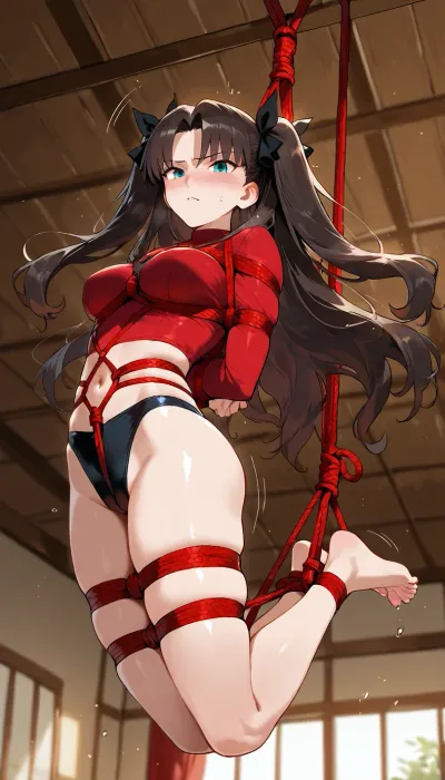 (masterpiece, best quality), rin_tohsaka from fate, full body visible, ((bondage)), (shibari suspension from the ceiling:1.5), legs in a frog tie, (slowly spinning in the air), .