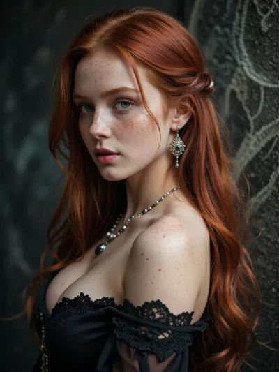 photograph, digital art, fantasy style, beautiful red-haired woman, long straight hair, fair skin, freckles, green eyes, delicate features, wearing black off-shoulder dress with lace trim, beaded necklace, ornate earring, big breast, looking over shoulder, soft light, dark textured background, ethereal, fantasy character, intricate hair details, realistic texture, fantasy portrait, romantic, mystical, detailed, elegant, soft focus, dreamy atmosphere.