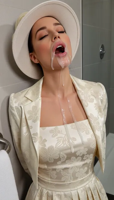masterpiece best quality, 32yo adult female, pale skin, refined facial features, wearing a cream-colored floral jacquard dress with matching cropped jacket and a wide-brimmed cream fascinator hat, leaning back against restroom wall, mouth open, eyes rolling back, thick ropes of white cum splashing across her cheeks, chin, and lips, some droplets on the cream jacquard fabric, high contrast lighting, (--ar 9:16)