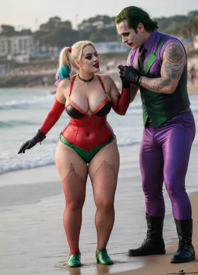 (8K resolution), ((people touched detailed)), (((adult sapphic movied therapy-performing, body the position, babe enormous plumped pouring breast, friend fucked of Joker Harley Quinn skin costume, massive fucked pussy and glamorous butt, hourglass body, touch jobbing, Joker gangbang bimbo perform reinvent escort makeup))), ((wetting by sea with orgy characters between hand fucking man in mouth job, wear heel and net bikini. The day, lighting HDR+, full body visibly)), (tattoos cover wrought body, detailed), ((public beach on porned seaside))
