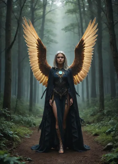 striking realistic foto of a breathtakingly beautiful witch with striking features and silver hair adorned with tiny glowing fireflies. She wears a dark, ornate hooded cloak made of ethereal fabric. On her gloved forearm proudly perches a majestic, intricate snowy owl with glowing blue magical dust trailing from its wings. They are standing in the center of an enchanted, glowing twilight forest with giant bioluminescent mushrooms and mist floating around their feet. Dark fantasy aesthetic, vibrant contrasting colors, dramatic lighting, epic composition., <lora:Portrait_perfection:.8>, green, eyes, blue, brown, perfecteyes, <lora:PerfectEyesXL:.8>