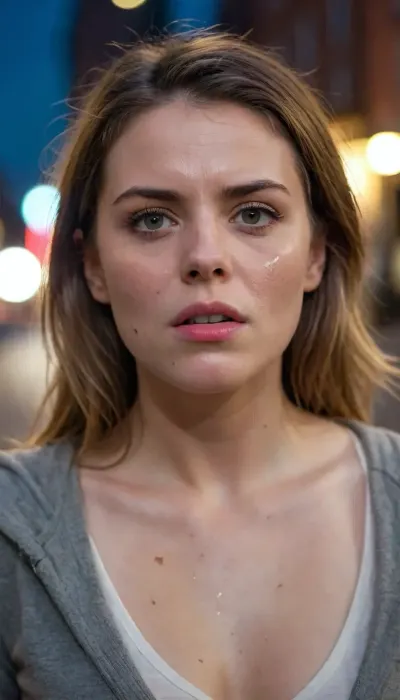 photo of annoyed woman, cum on face, cold light, in streets, <lora:JustCum:.8>