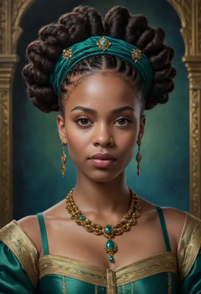A realism oil painting of a regal black woman adorned with intricately woven Bantu knots and sleek, straight braids, reimagined in the opulent style of a 17th century French Queen, set against a rich, velvety background of deep, jewel-toned blues and emerald greens, with delicate golden accents and subtle, luminous highlights on her dark, radiant skin, evoking a sense of luxury, power, and refined sophistication, while her piercing brown eyes seem to hold a deep wisdom and quiet strength.