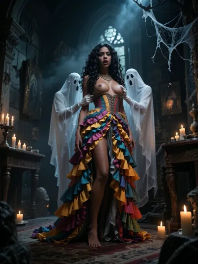 Masterpiece, highest quality, extremely detailed, high resolution. Low-angle shot, wide shot, frontal view of the models, full-body shot. Setting, the dark interior of a haunted castle filled with ghosts, 19th-century furnishings, heavy dust and cobwebs. A very dark, gloomy, ghostly atmosphere prevails, illuminated only slightly by scattered candles. A breathtakingly beautiful young woman, (20 years old), with extremely long, curly black hair, full lips, and dark skin. She wears a colorful, long, ruffled dress. Ghosts are tugging at her dress, exposing one of her breasts. Her gaze is fixed on the camera, radiating fear and panic. Shot on 35mm film, analog photography, natural light fall-off, soft shadow transitions, slight film grain, fine noise structure, imperfect focus, uneven sharpness, realistic skin texture with visible pores and color nuances, no digital sharpening, no HDR look, organic imperfections, cinematic realism defined by natural light and physical details.
